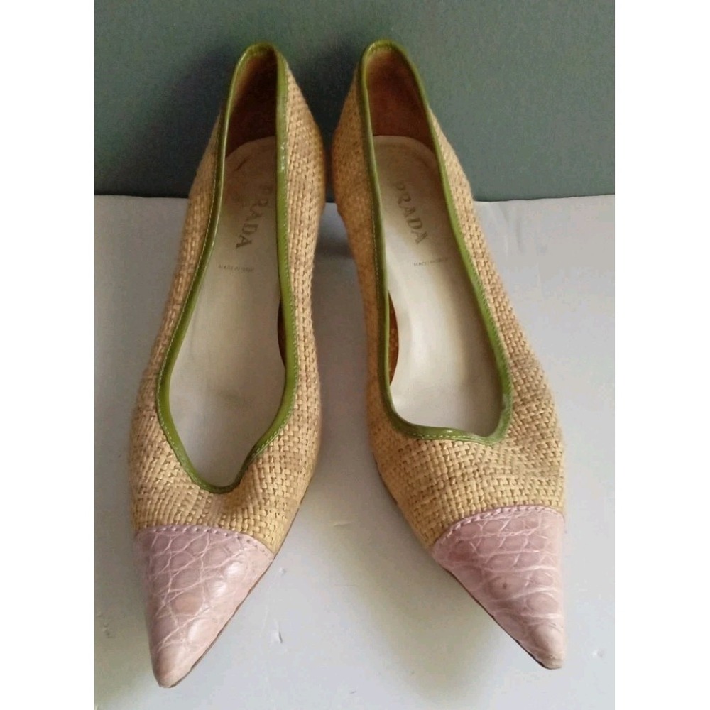 Prada Woven Raffia Pointed Toe Heels Pink Leather Trim Dress Shoes